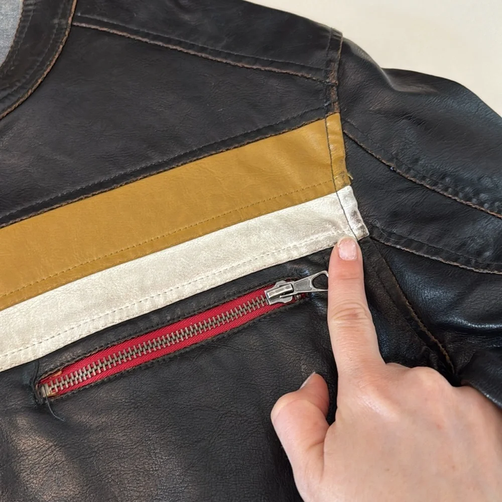 Vintage Springfield 76 Men's Black Leather Racer Jacket w/ Stripe Accents - Picture 5 of 15